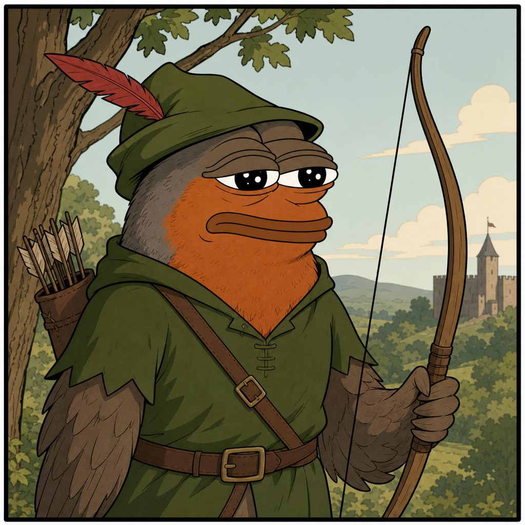 Robby, a red-breasted bird in a green hood with a red feather, holding a longbow